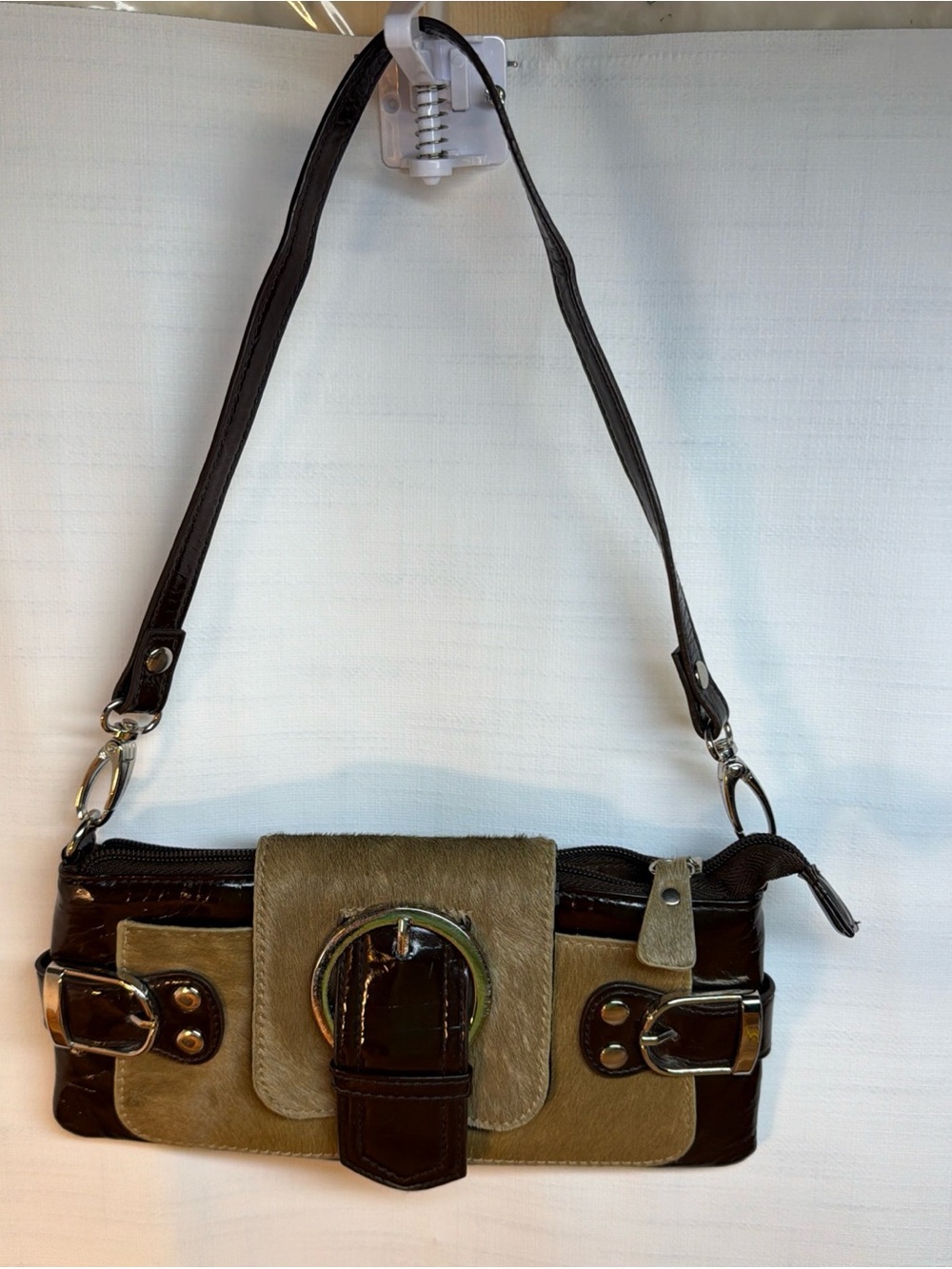 Vintage Far Nine Purse Evening clutch Patent Faux leather Pony Hair Buckles Y2K